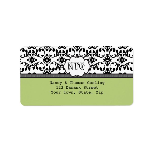 Étiquette Mariage Damask noir cime monogramme (Devant)