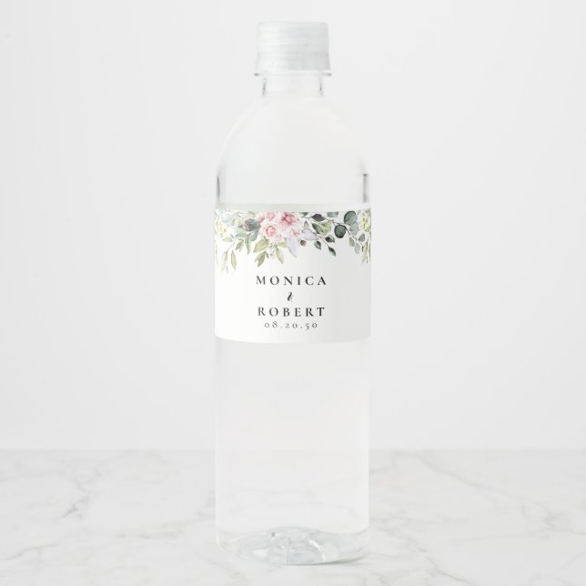 Étiquette Mariage de bouteille d'eau rose verdure (Devant)