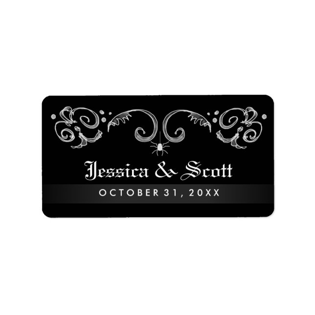 Étiquette Mariage de défilement gothique d'Halloween noir bl (Devant)