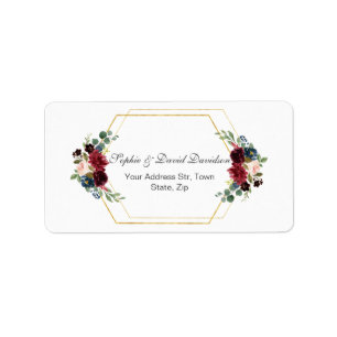 Étiquette Mariage de trame Hexagon Or Floral Bourgogne