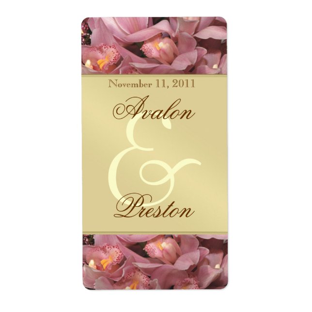 Étiquette Mariage de vin rose Orchidées Or (Devant)