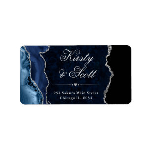 Étiquette Mariage Faux Paillettes Agate Bleu & Argent