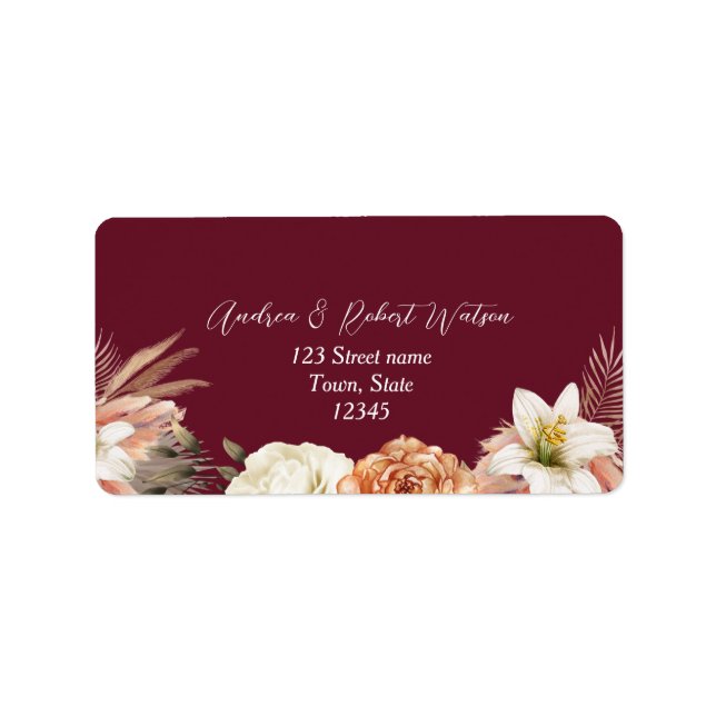 Étiquette Mariage Floral Bourgogne Adresse de retour (Devant)