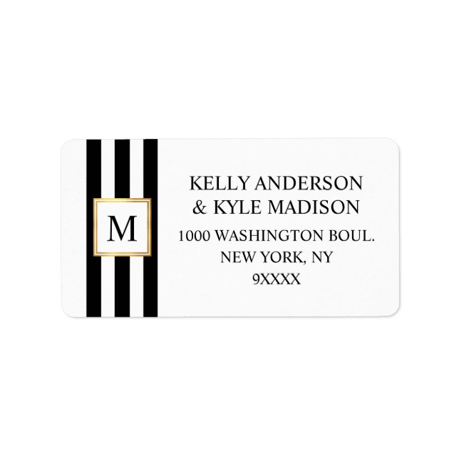 Étiquette Mariage Monogramme de trame or noir blanc rayures (Devant)