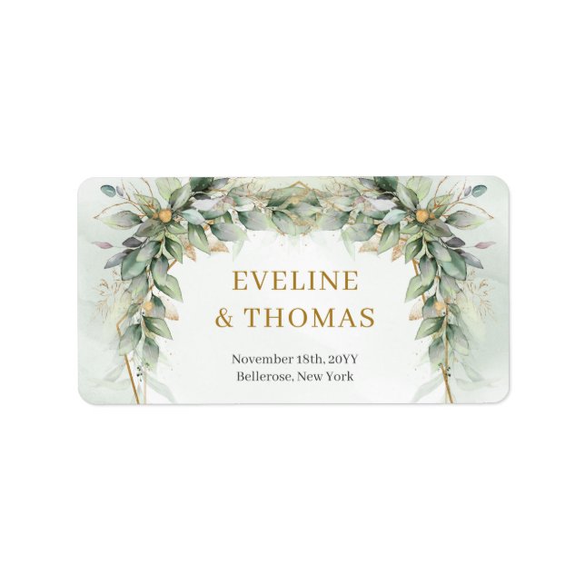 Étiquette Mariage opulent chic verdure feuillage doré (Devant)