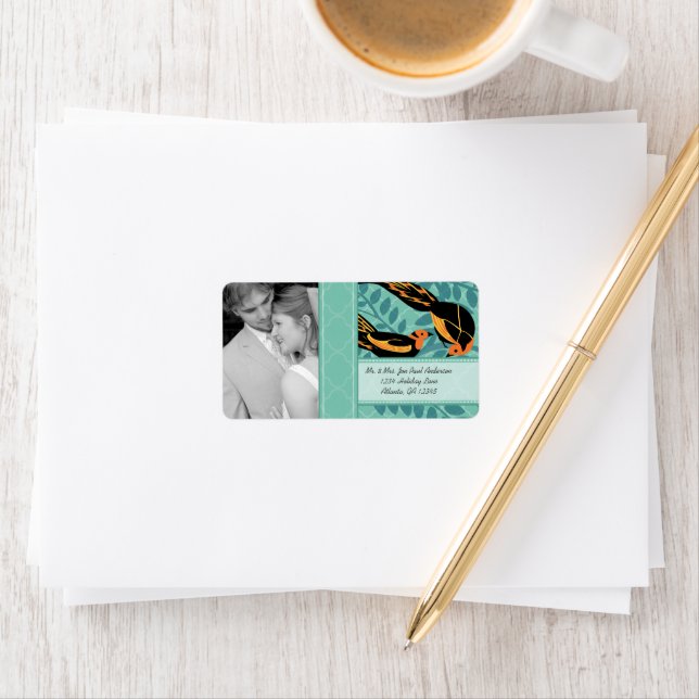 Étiquette Mariage Photo Art Déco Oiseau RSVP ou Merci (En situation)