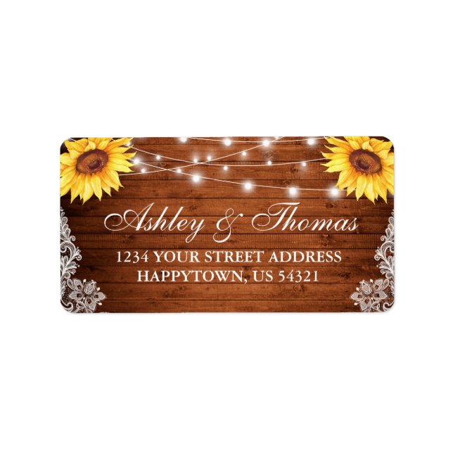 Étiquette Mariage rustique Lumières de bois Sunflower Adress (Devant)