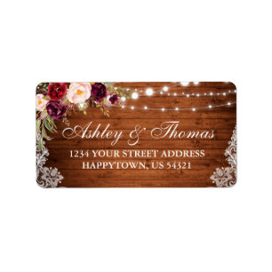 Étiquette Mariage rustique Lumières dentelle adresse florale