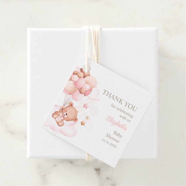 Étiquette Merci Teddy Bear avec Ballons roses Favo (En situation)