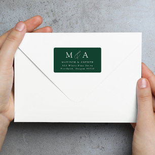 Étiquette Modern Elegant Green Monogram Adresse de retour