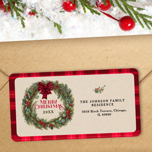 Étiquette Moderne Rouge Plaid Rustique Ferme de Noël Wreath (Créateur téléchargé)