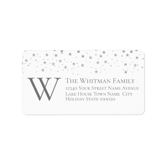 Étiquette Monogramme blanc Famille Gris Étoiles Adresse (Devant)