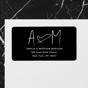 Étiquette Monogramme de couple Cœur Noir Adresse de Retour
