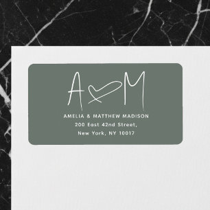 Étiquette Monogramme de couple Cœur vert Adresse de retour