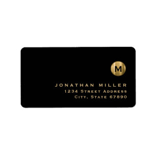 Étiquette Monogramme d'or brossé noir minimal Adresse de ret