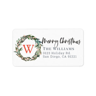 Étiquette Monogramme Joyeux Noël vert verdure Wreath Holiday