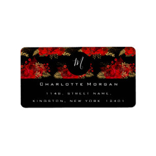 Étiquette Monogramme noir blanc Floral or Rose feuille RSVP