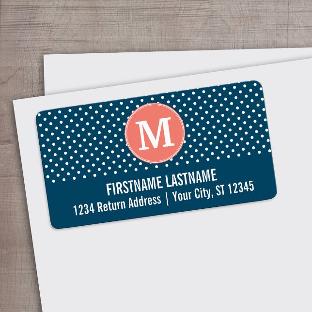 Étiquette Monogramme sur mesure bleu marine et Pois de pêche (Custom Address Label)