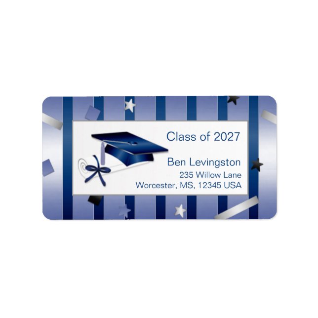 Étiquette Mortier bleu argent & diplôme Adresse de graduatio (Devant)