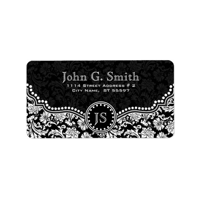 Étiquette Motif de Damas florales noir et blanc (Devant)