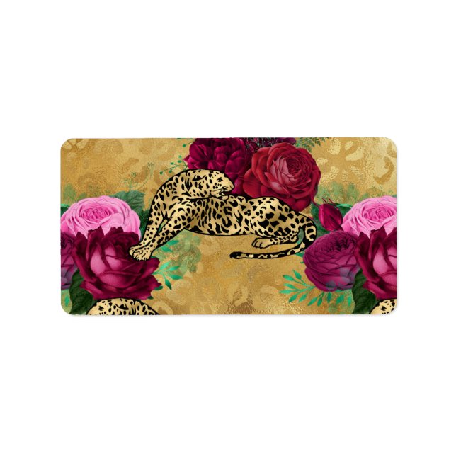 Étiquette Motif de fleurs de rose rouge Cheetah Leopard (Devant)
