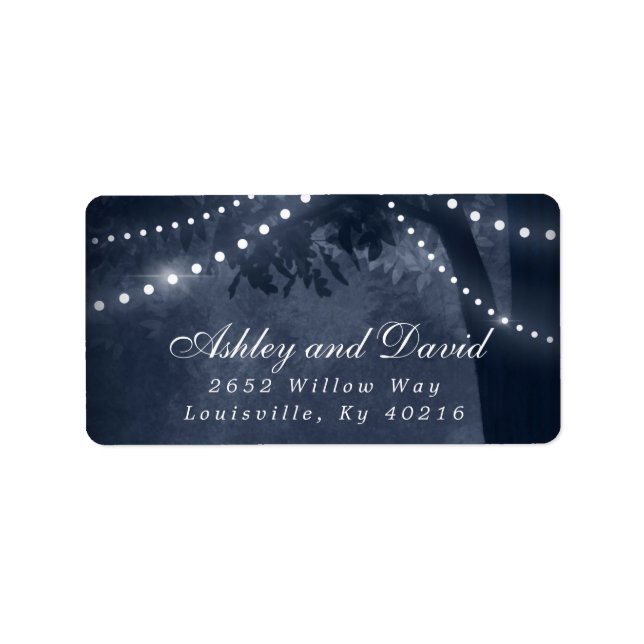 Étiquette Navy Blue Rustic Tree String Lights Adresse de ret (Devant)