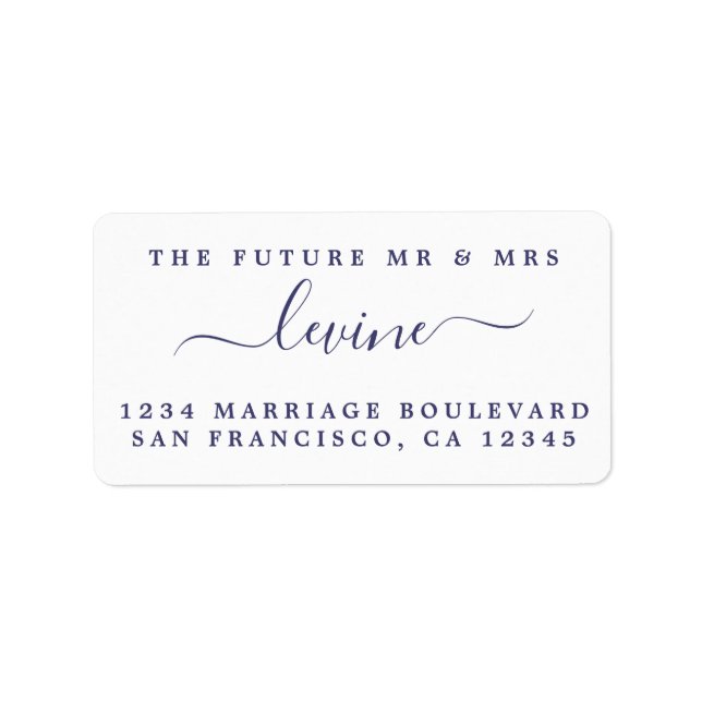 Étiquette Navy Blue Script Future M. Mme Retour Adresse (Devant)