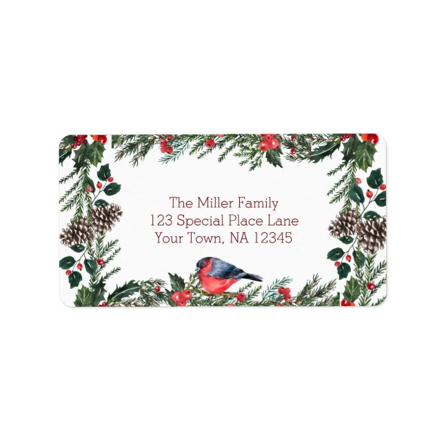 Étiquette Noël aux oiseaux rouges d'hiver (Devant)