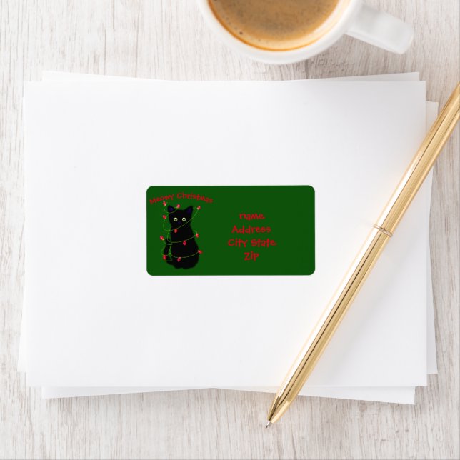 Étiquette Noël Meowy mignon chat noir scintille lumières La (En situation)