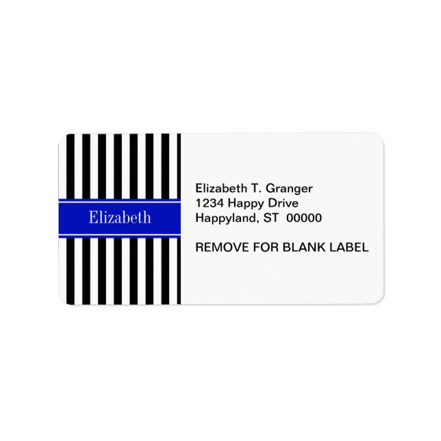 Étiquette Noir Blanc Bleu Royal Ruban Nom Monogramme (Devant)