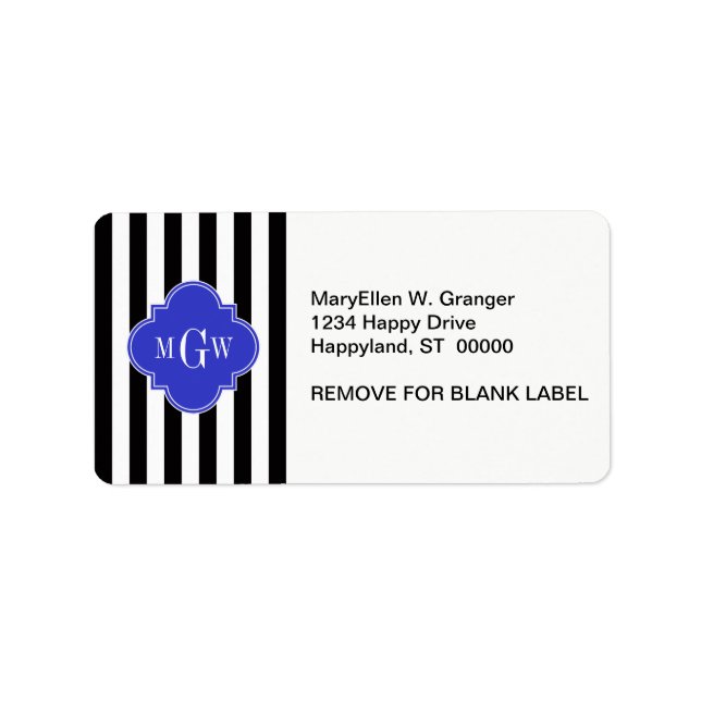 Étiquette Noir Blancs Cobalt Bleu Quatrefoil 3 Monogramme (Devant)