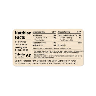 Étiquette Nouveau Tabulaire Honey valeur nutritive Antique B