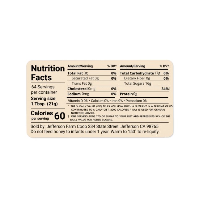 Étiquette Nouveau Tabulaire Honey valeur nutritive Antique B (Devant)