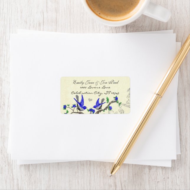 Étiquette Oiseau gris vintage Fleurs bleues royales RSVP (En situation)