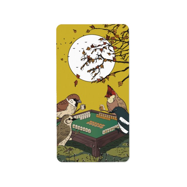 Étiquette Oiseaux de Mahjong jouant au jeu  (Devant)