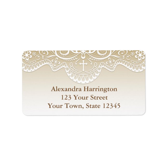 Étiquette Or avec dentelle, croix, religieuse (Devant)