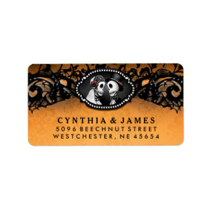 Étiquette Orange Black Halloween Elégant Skeletons de Mariag