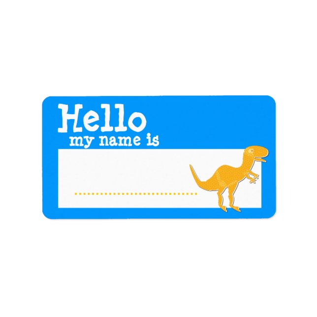 Étiquette Orange T-Rex Bonjour Mon nom est Nom Badge Bleu (Devant)