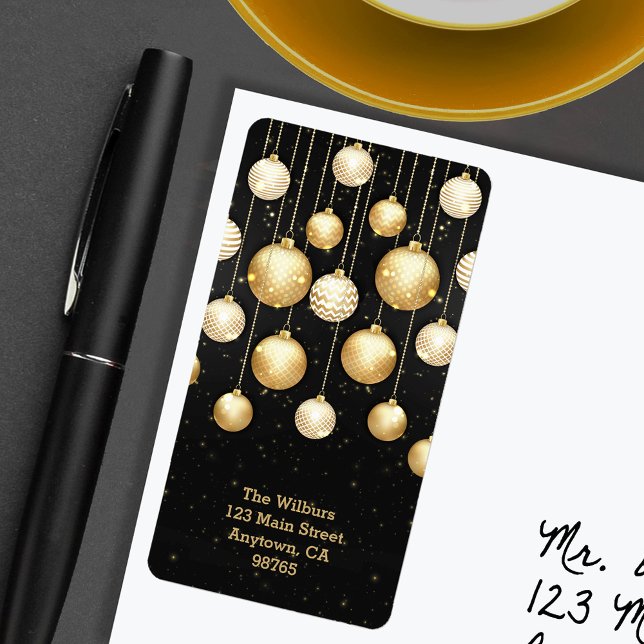 Étiquette Ornements or sur Noir Noël Adresse de retour (Gold Ornaments on Black Christmas Return Address Labels)
