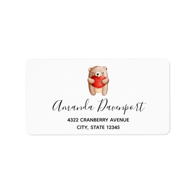 Étiquette Ours en peluche mignon portant un coeur rouge (Devant)
