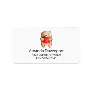 Étiquette Ours en peluche mignon portant un coeur rouge