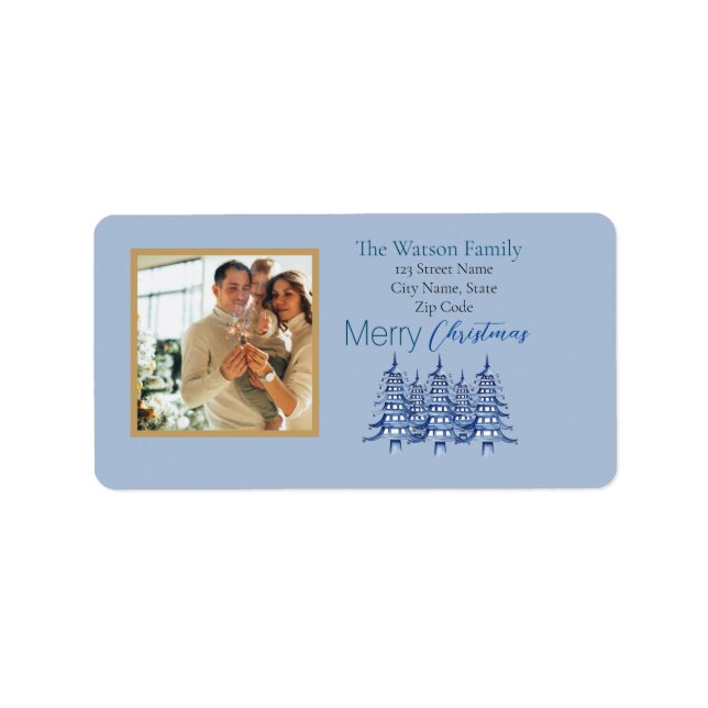 Étiquette Pagode bleue poussiéreuse Arbres de Noël 1-Photo (Devant)