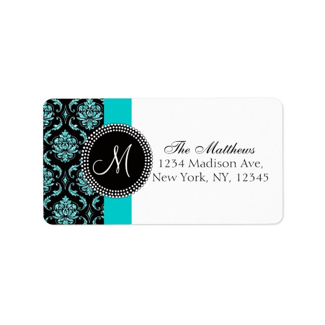 Étiquette Parties scintillant Turquoise Damas Noir Monogramm (Devant)