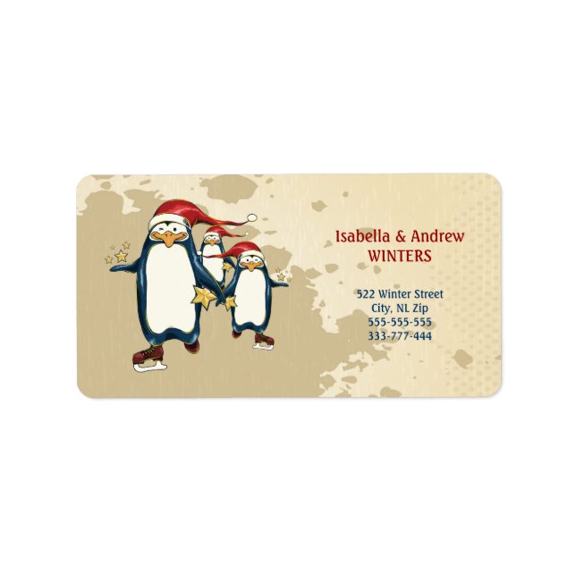 Étiquette Patinage de Noël Pingouins (Devant)