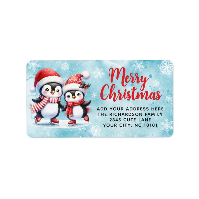 Étiquette Patinage sur glace Patinage bleu rouge Joyeux Noël (Devant)