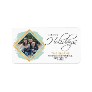 Étiquette Photo moderne Green Sage Gold Foil Happy Holidays