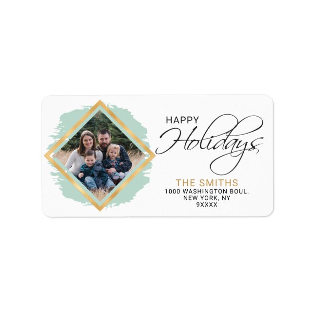 Étiquette Photo moderne Green Sage Gold Foil Happy Holidays (Devant)