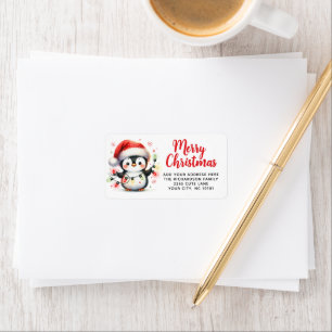 Étiquette Pingouin mignon avec lumières Rouge Blanc Joyeux N