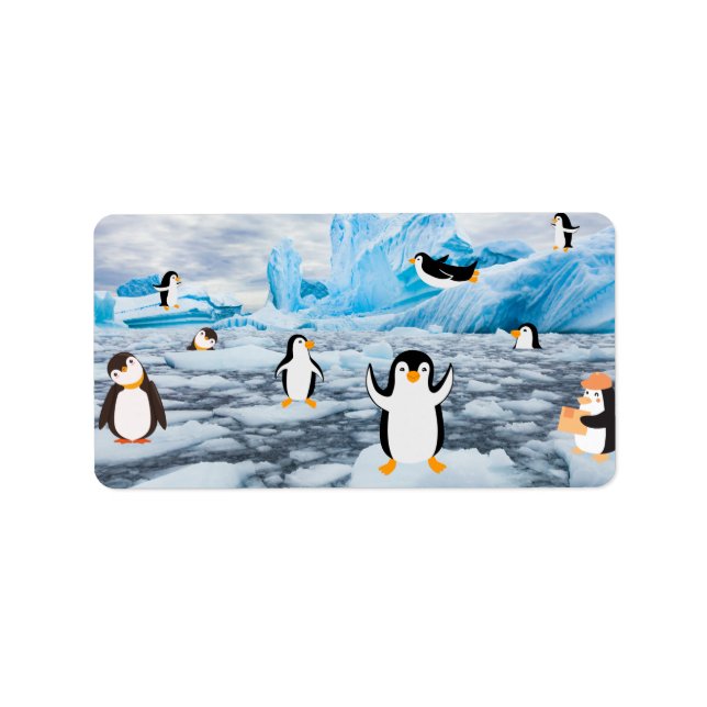 Étiquette pingouins mignons dans la glace Antarctique (Devant)