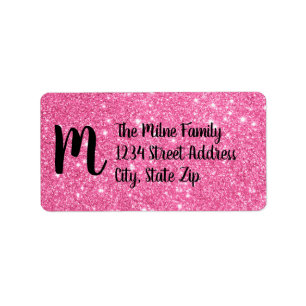 Étiquette Pink Faux Glitter Monogram Address Labels